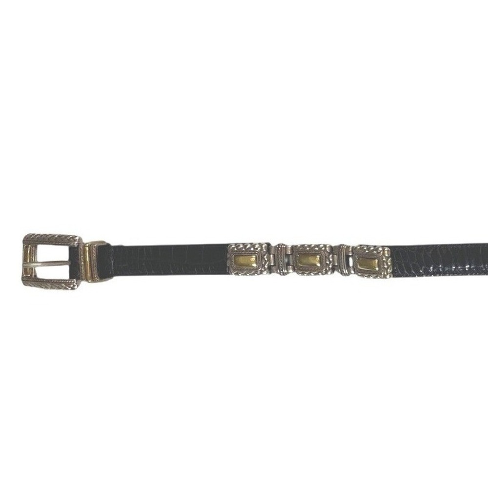 VTG Brighton Black Croc Embossed Leather Skinny Belt Silver Gold Hardware S
